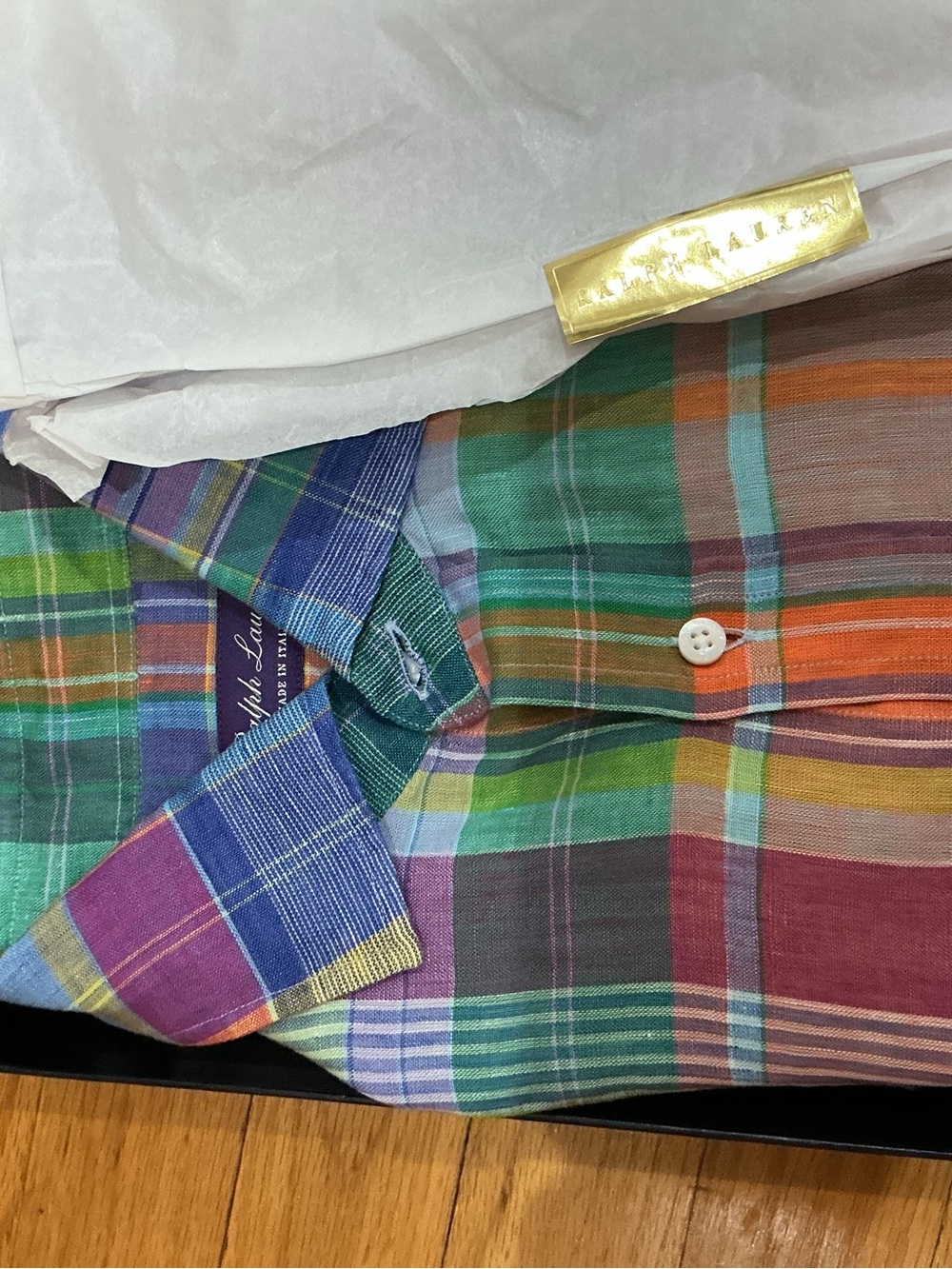 Ralph Lauren Purple Label Multicolor Plaid Chambray Linen Button-Down Shirt - Picture 3 of 5